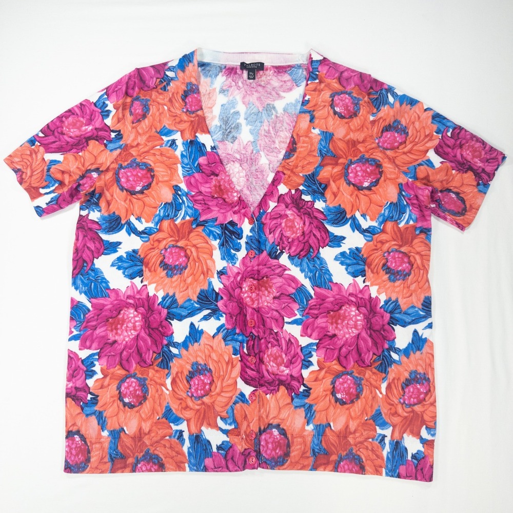 Talbots Woman Petites 1XP Floral Short Sleeve Cardigan Sweater Pink Orange